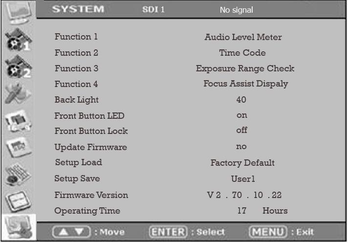 SYSTEM Function 1,2,3,4 Assigns a function to each function button. See FRONT section for detail. Backlight Set the backlight intensity from 0 to 80.