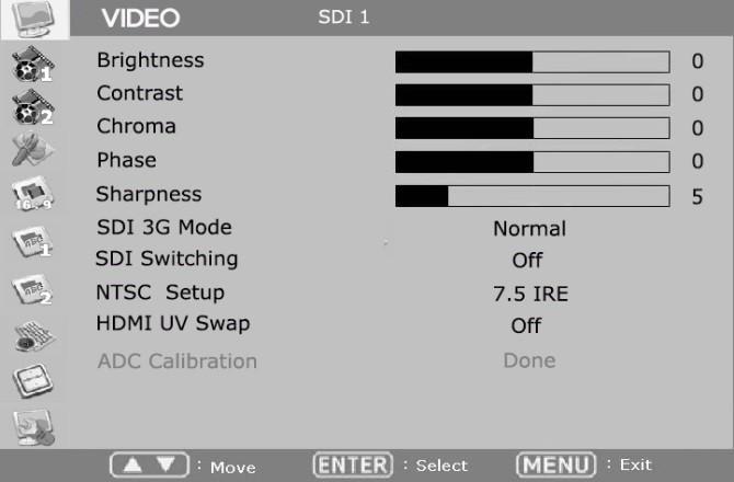 VIDEO Brightness, Contrast, Chroma, Phase, Sharpness Adjust color representation values. SDI 3G Mode Turns on SDI 3G mode to accept 3G signal.