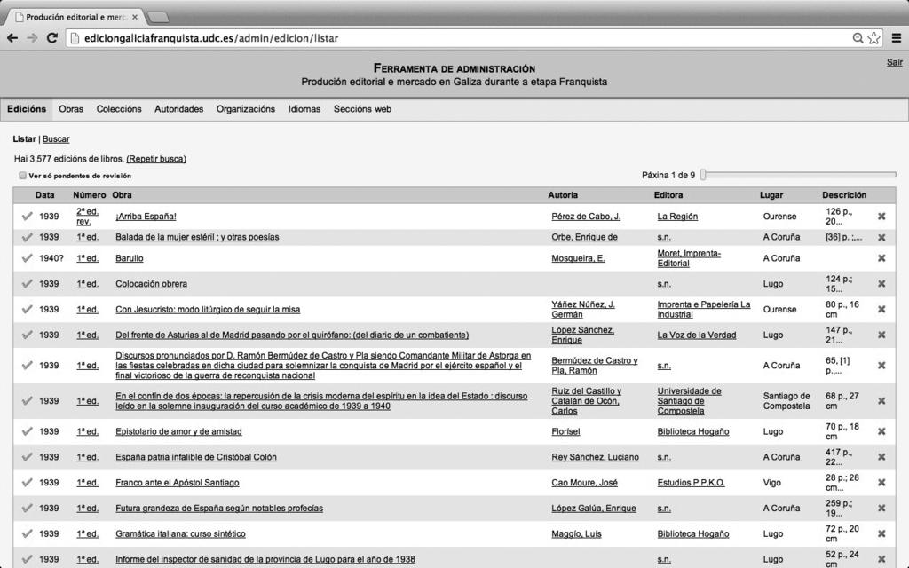 168 Carme Fernández, Mª Antonia Pérez, Eduardo Rodríguez y Ánxeles Saavedra Fig. 3. Xestión de edicións. des do modelo, existe na interface un cadro de texto para editar a información correspondente.