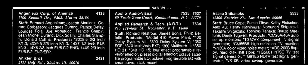 TOTAL 46,000 CONTIGUOUS SQ. FT. NAB '89 Apollo Audio-Visual 7535, 7537 60 Trade Zone Court, Ronkonkoma, N.Y. 11779 Applied Research & Tech. (A.R.T.) 7634 215 Tremont St., Rochester, N.Y. 14608 Staff: Richard Neatrour; James Bonis; Philip Betette.