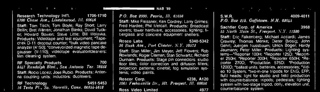 Rosco Labs 5340-5342 36 Bush Ave., Port Chester, N.Y. 10573 Staff: Stan Miller; Jim Meyer; Jeff Flowers; Rob Rowlands; Roger Claman: Stan Schwartz; Richard Dunham.
