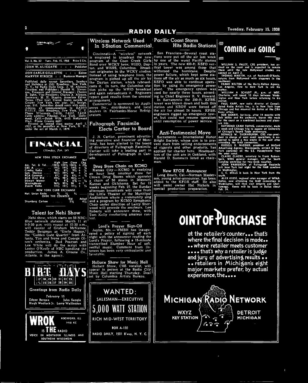 9671 51 2 Val. 3. No. 32 Tuts Feb. 15, 1938 Price 5 Cts. JOHN W.