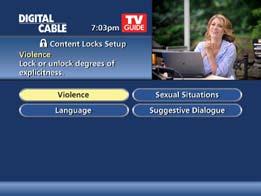 Under TV Content, you can lock the level of explicit content based on your viewing preferences for Violence, Language, Sexual Situations, and Suggestive Dialogue.