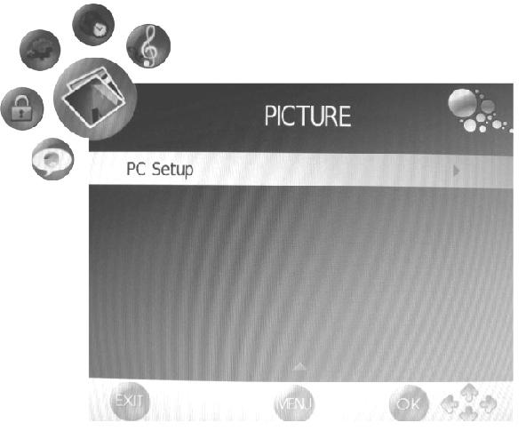 PC-Setup Menu (In pc mode) menu to display the main menu. to select Picture in the main menu. to display the PC-Setup menu.