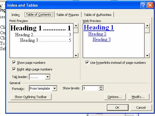 Table of Contents A table of contents is a list of the headings in a document. You can use a table of contents to get an overview of the topics discussed in a document.