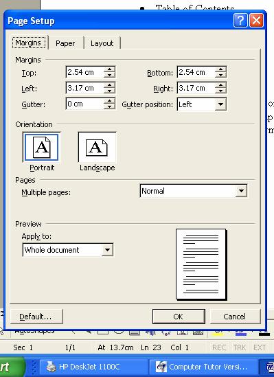 Page Setup PageSetup is used to set page margins page orientation (portrait or landscape) some printing options (paper size and printer tray source) section options (apply formatting to one section