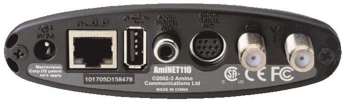 Set Top Box Amino 110 Set Top Box 1 2 3 4 5 6 7 1. 5V DC Provides power to the set top box. 2. Network Connects the set top box to the video service using a CAT5 Ethernet cable. 3. USB (Universal Serial Bus) Connects the set top box to technician s equipment and other devices.