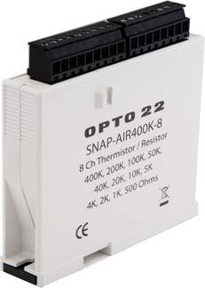 Thermistor Input Module 0 400 K, 0 200 K, 0 100 K, 0 50 K, 0 40 K, 0 20 K, 0 10 K, 0 5 K, 0 4 K, 0 2 K, 0 1 K, 0 500 Ohm SNAP-AIR400K-8 Part Number SNAP-AIR400K-8 Eight channel analog