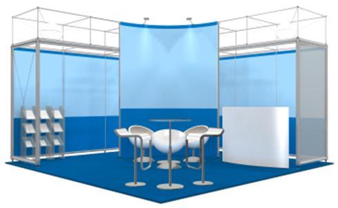 Modular stand Pila Petite: 25 m²; 500 cm x 248-300 cm x 500 cm (W x H x D); textile banner incl. digital colour print; six back walls incl.