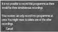 If you continue with the recording, you should go to the Programme Library menu and try to clear space by deleting programmes that you have already watched and no longer wish to keep.