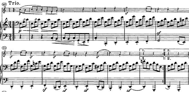 The Trio, also in C major, is a canon of sorts between the violin and the bass (the canonic texture is broken in the second part in the transition back to the tonic).