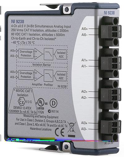 DATASHEET NI 9238 Datasheet 4 AI, ±500 mv, 24 Bit, 50 ks/s/ch Simultaneous Screw-terminal connectivity Anti-alias filters 250 Vrms, CAT II, channel-to-channel isolation The NI 9238 is a 4-channel