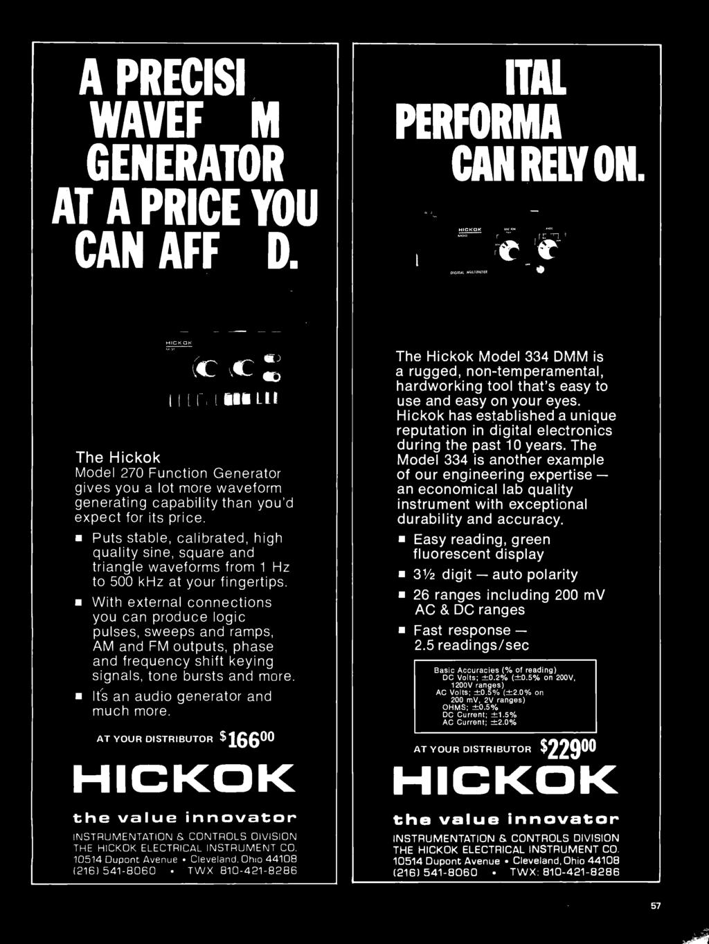 AT YOUR DISTRIBUTOR $16600 HICKOK the value innovator INSTRUMENTATION & CONTROLS DIVISION THE HICKOK ELECTRICAL INSTRUMENT CO 10514 Dupont Avenue Cleveland, Ohio 44108 (216) 541-8060 TWX 810-421