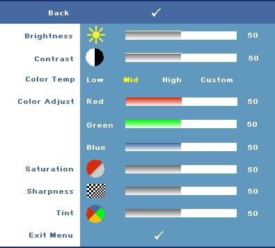 The screen appears cooler at higher color temperatures and warmer at lower color temperatures. COLOR ADJUST Allows you to manually adjust red, green, and blue color.