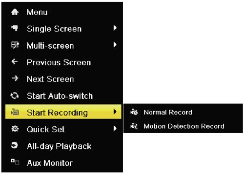2. Click the Start Recording submenu and select the recording mode to Normal Record or Motion Detection Record. 3.