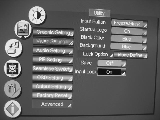 Button Input Button Startup Logo Blank Color Background Configuring the VP-724xl via the OSD MENU Screens Table 18: Advanced Utility Screen Features Function You can set the function of the input
