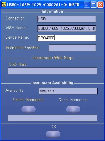 5. To get an easier to recognize VISA name, select the instrument and click Properties. The following dialog box will appear.