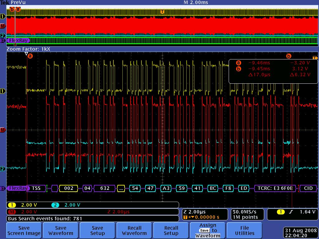 the frame in DPO/MSO4000. The DPO/MSO4000 oscilloscope display is as shown while linking the decoded frame to waveform. 6.