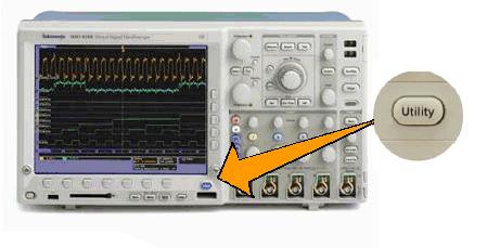 3. Press the Utility button on the oscilloscope front panel as shown below. 4. Press the Utility page in the oscilloscope menu. 5. Turn the multipurpose knob a on the oscilloscope and select I/O. 6.