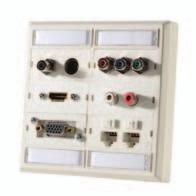 This combination allows for a broad range of A/V and data connectivity configurations in one faceplate. Each bezel holds two TechChoice keystone jacks or modules.