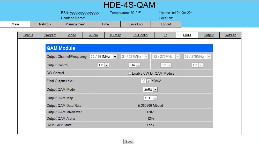 Monitoring & Control - Main > QAM The Main > QAM screen allows the user to assign the RF QAM characteristics for each of the four (4) TS.