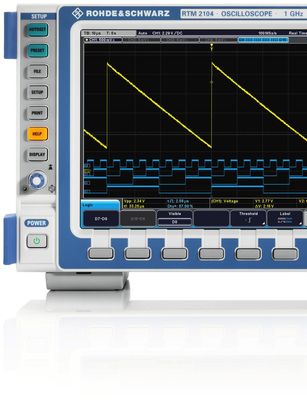 Overview of the R&S RTM oscilloscope Control elements LAN interface for remote control or for accessing the instrument via a web browser comes as standard. A GPIB interface is available as an option.