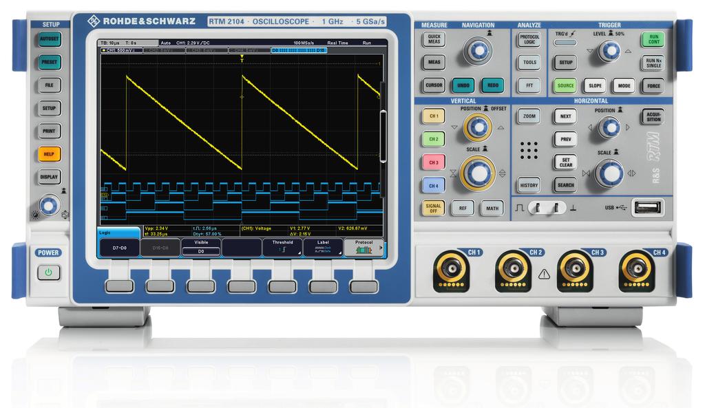R&S RTM Digital Oscilloscope At a glance Ease of use combined with fast and reliable results is precisely what users get with the R&S RTM bench oscilloscope.