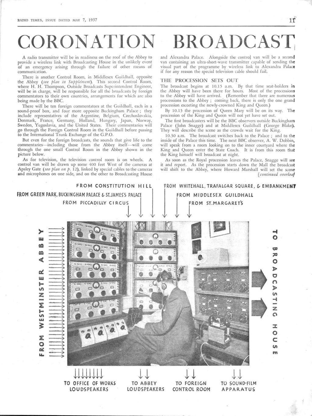 RADIO TIMES, ISSUE DATED MAY 7, 1937 it CORONATION A radio tranmitter will be in readine on the roof of the Abbey to provide a wirele link with Broadcating Houe in the unlikely event of an emergency