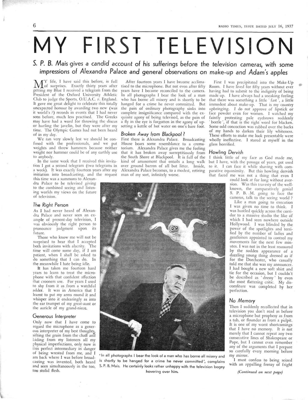 6 RADIO TIMES, ISSUE DATED JULY 16, 1937 MY FIRST TELEVISION S. P. B.