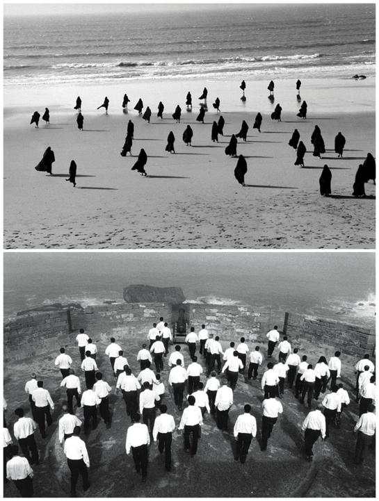 Neshat often emphasizes this theme showing two or more coordinated films concurrently, creating stark visual contrasts through motifs such as light and dark, black and white, male and female.