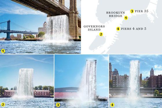 Also in 2008, Eliasson installed four temporary waterfalls in New York Harbor.
