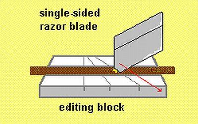 Cut the tape by running the corner of a single-sided razor blade along the slot. The corner of the blade should run along the bottom of the slot in the editing block.