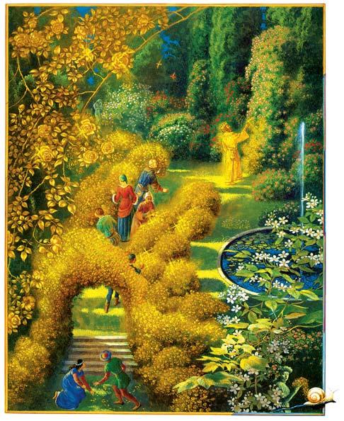 he roses glistened with the morning dew, and their scent gently perfumed the air. Midas went from bush to bush, touching each of the blossoms.