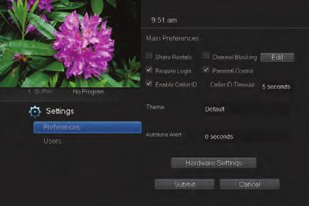 9 Settings Introducing Settings Settings gives you control over your video service. You can change how alerts appear on your screen, create parental controls and block channels.