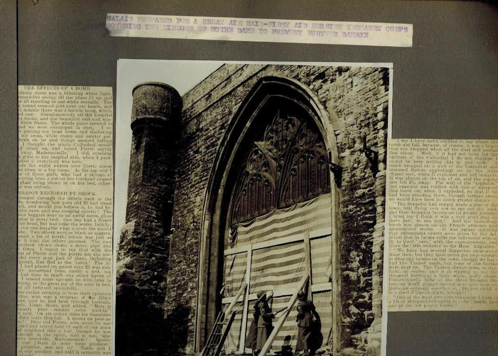 A particular set of photographs illustrates the bombing of the Calais cathedral and the hospital by a Zeppelin raid (18 March 1915).