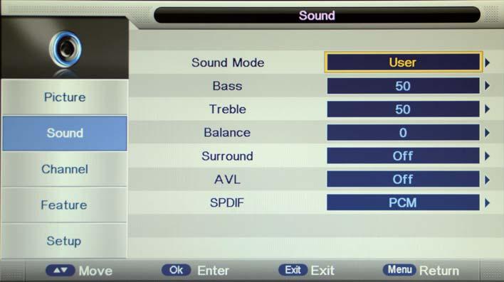 OSD Menu OSD Menu 2. Sound menu Description Sound Mode: Select your desired sound mode from Standard, Movie, Music, Speech and User. Bass: Adjust the level of the lower-pitched sounds.