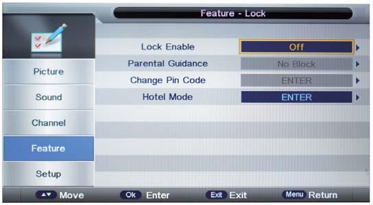 OSD Menu OSD Menu 4. Feature menu Description Lock: This menu allows you to lock certain features of the television so that they can not be used or viewed.