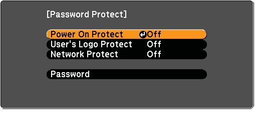 You see this screen: note Network Protect is not available for the 1810p projector. 2. Use the pointer button to select Password and press Enter. Hold down 3.