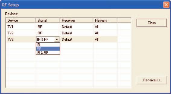 MRF-260 BASE STATION By looking at the Signal column, you can see that the factory default programming sets all of the devices to send both IR and RF commands.