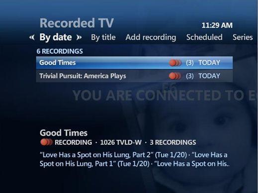 The Recorded TV screen lists your available recordings by date from the most recently recorded programs to the oldest. Series recordings are grouped together.