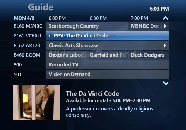 To rent a Pay Per View program in the program guide 1) Press GUIDE on your set-top box remote control, and then use the ARROW buttons to move through the listings to the channel containing the PPV