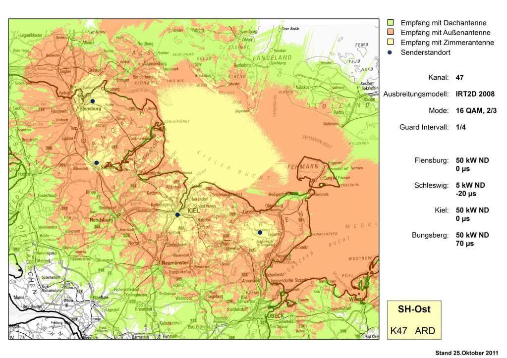 Implementation Scenarios / SFN extension Mixture of Scenarios: Maximum Data Rate / Maximum Coverage Area Planning exercise in northern part of Germany (NDR) 4 transmitter network,