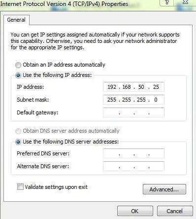 Check the radio button Use the following IP address and enter an IP and subnet mask. You can leave the Default gateway and DNS settings empty. Open your browser and surf to the website http://192.168.
