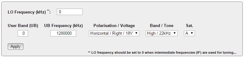 Single Cable (EN 50494) and (EN 50607) LO Frequency (khz): The LO Frequency used in the LNB. Set this to 0 when intermediate frequencies (IF) are used for tuning.