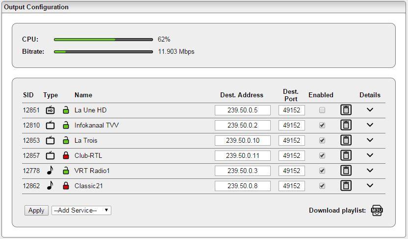 IP 3.2.5 Output Settings Click on Add Service to add a service to an IP stream. You can keep adding services until the CPU hits 100%.