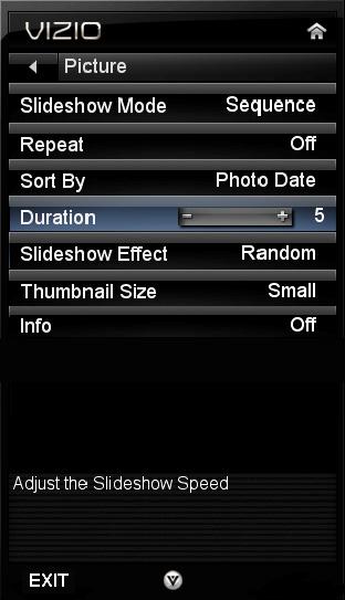 Media Menu When viewing pictures you can adjust various settings, including slideshow, picture duration, etc. 1.