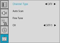 The top menu item, Channel Type, turns blue. 4 Press the CH key to select Fine Tune.