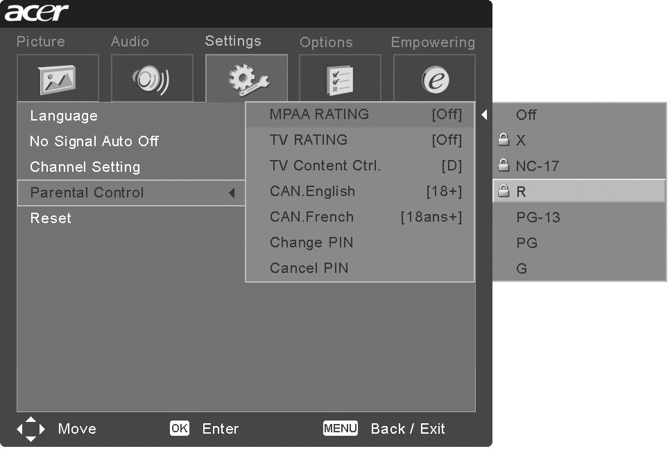 Parental Control Setting Up Your Personal ID Number (PIN) When in TV, AV or Component mode, you can find the Parental Control feature by entering the Settings menu.