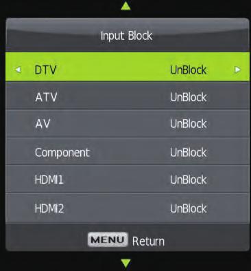 buttons to scroll down and Input Block This allows you to lock/unlock the Input Source available on the television.