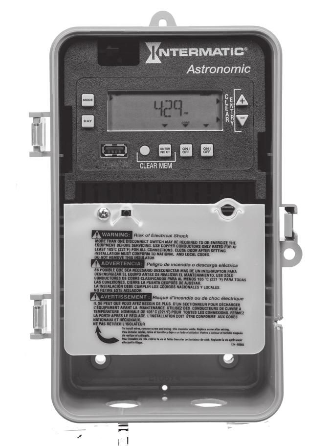 MODEL ET2825 Installation and Setup Instructions Electronic 2-Circuit Astronomic 365/7-Day Time Switch With Supercapacitor Carryover WARNING Risk of Fire or Electric Shock Disconnect power at the
